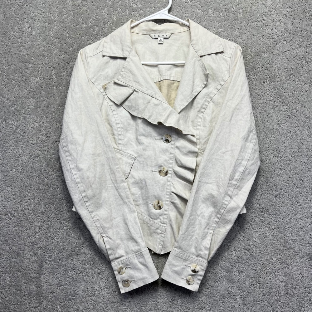 Cabi Blazer Jacket Womens Small Cream 100% Linen Ruffle Cropped Asymmetrical‎